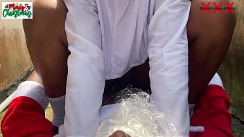 Preview 3 of Group 4boy 1girls Sex - Christmas came earlier for na&iuml_ve 18yo press girl on Hijab as Santa gave her hot Fuck outside the compound while she tries the new school camera (Watch hot full videos on RED)