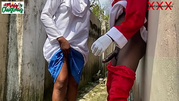 Preview 4 of Group 4boy 1girls Sex - Christmas came earlier for na&iuml_ve 18yo press girl on Hijab as Santa gave her hot Fuck outside the compound while she tries the new school camera (Watch hot full videos on RED)