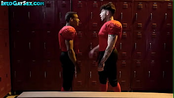 Preview 1 of Big Teacher Sex Video - Black sportive stud barebacks and rims IR BF in locker room