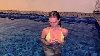 Preview 1 of Seduction Vedios - Sweet blowjob in the public pool. Cum on hair of Californiababe