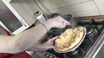 Preview 4 of Miss Puja Song - In transparent peignoir without panties and bra sexy Milf Frina continues her naked cooking. Today on the menu is New Year&#039_s express - pizza in pan. Big ass. Butt. Pussy. Natural tits. Boobs. Nipples
