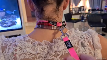 Preview 1 of You Jizz Teen - Pigtailed slut walked with leash laps up piss