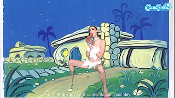 Preview 2 of Two Men Ont Girl - Cute Teen Cosplay As Wilma Flintstone Masturbates And Sucks Huge Cock