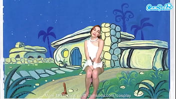 Preview 1 of Two Men Ont Girl - Cute Teen Cosplay As Wilma Flintstone Masturbates And Sucks Huge Cock