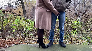 Preview 3 of Young Of Man - StepMother-in-law in leather skirt and heels holds son-in-law&#039_s dick while he pees
