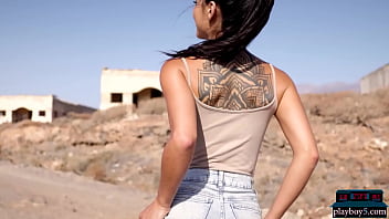 Preview 1 of Time Siop Porn - Petite tattooed Spanish teen Estefania Pahe striptease outdoor for Playboy