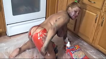 Preview 2 of Secxi Small Girl - Kitchen nude solo body painting session for this hot ebony with nice jugs