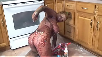 Preview 3 of Secxi Small Girl - Kitchen nude solo body painting session for this hot ebony with nice jugs