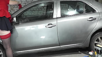 Preview 4 of New Punjabi Bf - MILF sexy blonde Frina cleans interior client car and windows with her panties. Fetish. Without panties under skirt  No panties. Stockings. High heels. Big natural tits. Ass. Pussy Milf. Public nudity