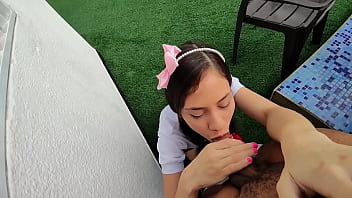 Preview 2 of No Jax - Daddy daddy do you like it like that? My stepdaughter dressed as a sch00lgirl fucks me without a condom and I cum inside
