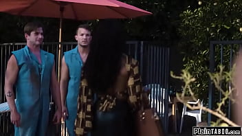Preview 1 of Kiss Vagina - PlainTaboo.com - Busty brunette threesome fucks workers
