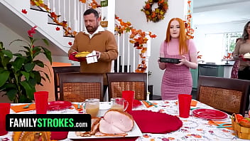 Preview 1 of Jeg Sex - Redhead Stepsisters Arietta Adams &amp_ Cherry Fae Share Stud After Thanksgiving Lunch - FamilyStrokes