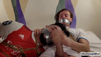 Preview 1 of 16 Boyster Sex - Mike Bebecito and Matheuz Henk tied up and gagged together after futebol play