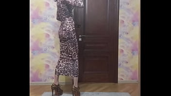 Preview 4 of Public Kitcen - Crossdresser smokes and poses in long tight dress