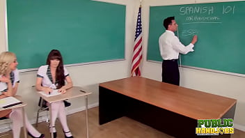 Preview 1 of Zambian Porn Videos - PUBLIC HANDJOBS Slutty students Alison Rey and Aaliyah Love whip out teacher Marco Banderas&#039_ hard cock