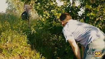 Preview 1 of Ashleyblackfree - OLD4K. Lassie spits on rules and has sex with much older man in nature