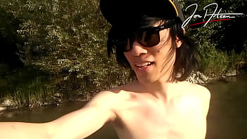 Preview 3 of Veri Sxes - Jon Arteen is this slim Asian twink boy dancing a musical strip-tease on the river smiling showing his full pubes doing outdoor gay porn with a sneaker and underwear fetish