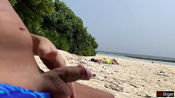 Preview 3 of Lara Croft House - Public Pickup Stepmom and Stepdaughter on Beach - Risky Dick Flashing Cum on Face