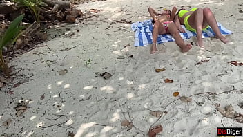 Preview 4 of Lara Croft House - Public Pickup Stepmom and Stepdaughter on Beach - Risky Dick Flashing Cum on Face