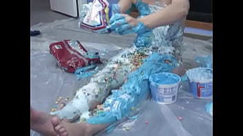 Preview 3 of Japan Sex Party - Sexy chick loves to smear herself with sweet dessert in the kitchen on the floor