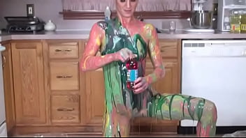 Preview 4 of Japanese Jav Bunny - Long-haired beauty with tattoos covers her slender body with colorful paints in the kitchen