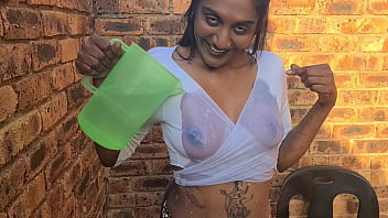 Preview 1 of Odia Sexi School Girl Villge - Pouring water on my white shirt to show off my dark desi nipple stands,  playing with my boob,  nipples
