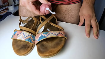 Preview 3 of Manipuri Video Bf Sexy Bf Love - Guy masturbating and cumming on old dirty smelly leather sandals with super slow motion cumshot
