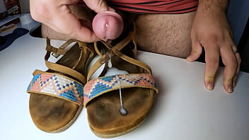 Preview 4 of Manipuri Video Bf Sexy Bf Love - Guy masturbating and cumming on old dirty smelly leather sandals with super slow motion cumshot