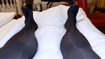 Preview 2 of Xbgin C - Solo fat guy in pantyhose masturbating and cumming on hand in stockings on hotel room
