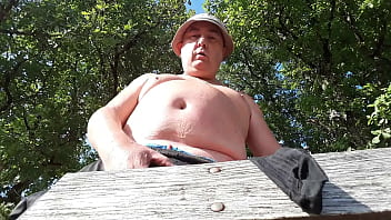 Preview 4 of Lesbinas Girls - Chubby guy jerking over a bench