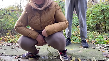 Preview 4 of Asian Sexy Hd - Depraved curvy MILF in leggings squats down and pisses next to me