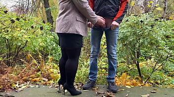 Preview 2 of Japan Sister Bra Xvideo - Hot milf in pantyhose and skirt holding guy&#039_s cock outdoors while pissing