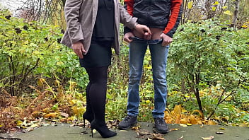 Preview 3 of Japan Sister Bra Xvideo - Hot milf in pantyhose and skirt holding guy&#039_s cock outdoors while pissing