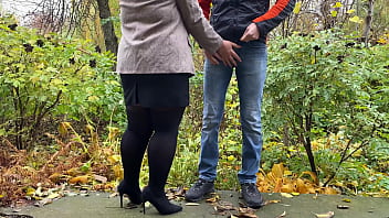 Preview 1 of Japan Sister Bra Xvideo - Hot milf in pantyhose and skirt holding guy&#039_s cock outdoors while pissing