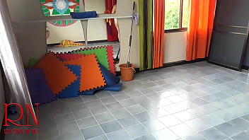Preview 3 of Free Porn Massage - Nudist maid cleans the yoga room. A naked cleaner cleans mirrors,  sweeps and mops the floor. CAM 1
