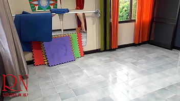 Preview 4 of Free Porn Massage - Nudist maid cleans the yoga room. A naked cleaner cleans mirrors,  sweeps and mops the floor. CAM 1