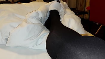 Preview 1 of Www Dog And Girl Sex Video - Hairy fat guy in stockings and corset masturbating and cumming on his feet in the hotel room