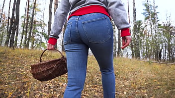 Preview 2 of Xvoideo M9m - Girl In Blue Jeans Picks Outdoor And Bends Over Flashing Her Big Ass
