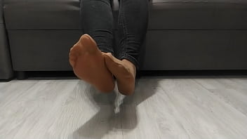 Preview 2 of Force Kiss Tongue - Monika Nylon shows her legs in nude nylon socks after a whole day of wearing