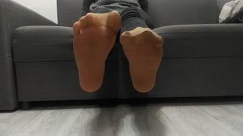 Preview 1 of Force Kiss Tongue - Monika Nylon shows her legs in nude nylon socks after a whole day of wearing
