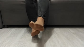 Preview 4 of Force Kiss Tongue - Monika Nylon shows her legs in nude nylon socks after a whole day of wearing