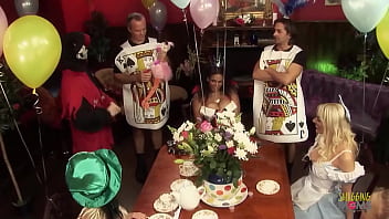 Preview 2 of Xvdeo Hindi - A group of horny men and super naughty women fuck hard dressed up in Alice in Wonderland costumes