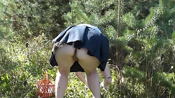 Preview 2 of Bbc Degrading Whores - MILF beautiful blonde sexy Frina picks in forest and forgot to wear panties. Without panties. No panties upskirt. Naked in public. Outdoor. Outdoors. Outside