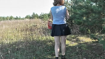 Preview 1 of Bbc Degrading Whores - MILF beautiful blonde sexy Frina picks in forest and forgot to wear panties. Without panties. No panties upskirt. Naked in public. Outdoor. Outdoors. Outside