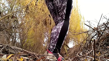 Preview 1 of 14 Year Fatty - Curvy MILF with fat belly in leggings pissing outdoors