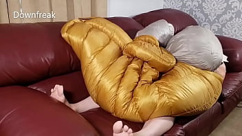 Preview 4 of Xxx Video Sunny Lelon - Humping Golden Down Bag on Puffy Leather Sofa