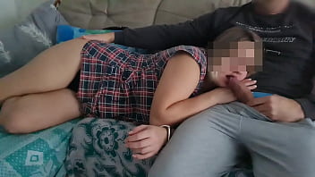 Preview 2 of School Girl Small Xxc - Girl is lying on boyfriend lap and he suddenly starts masturbating his dick,  he inserts his dick into her mouth,  she is shocked,  he has a big fat dick,  she is excited,  she wants to suck cock,  she likes to watch him jerk of