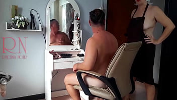 Preview 2 of Xzxxxxxxxx - Nudist barbershop. Nude lady hairdresser in an apron makes client to strip. Security camera. The client is surprised. 2
