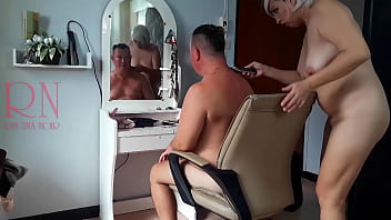 Preview 4 of Xzxxxxxxxx - Nudist barbershop. Nude lady hairdresser in an apron makes client to strip. Security camera. The client is surprised. 2