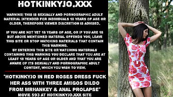 Preview 1 of Seancody Lane - Hotkinkyjo in red roses dress fuck her ass with three amigos dildo from mrhankey &amp_ anal prolapse